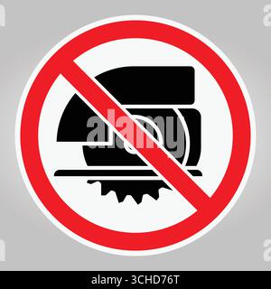 A clear prohibition sign featuring a circular saw icon set against a gray background. Ideal for conveying safety awareness and regulations in various Stock Vector