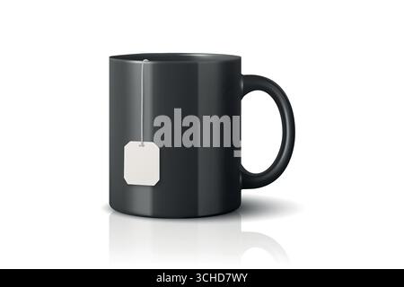 Vector 3D Realistic Black Ceramic Mug, Tea Cup with Blank Tag, Tea Bag Label Isolated, Blank Promotional Cup for Branding, Custom Print, Corporate Stock Vector