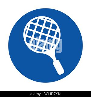 Simple graphic featuring a tennis racket icon within a blue circle, perfect for representing sports, leisure activities, and fitness concepts. Stock Vector