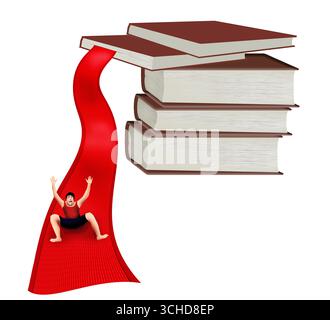 A man enjoys sliding down a boolmark ribbon as if it were a waterslide in a 3-d illustration about reading can be fun. Reading is fun. Stock Photo
