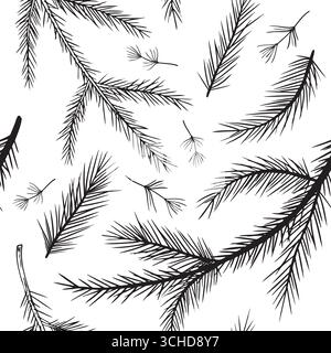 Stylish black and white pattern featuring pine needles and branches, perfect for nature-inspired designs. Stock Vector
