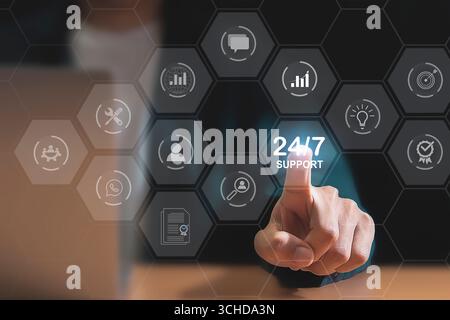 The concept of non-stop service or customer contact, working 24 hours a day, every day to provide continuous service at all times without holidays. Stock Photo