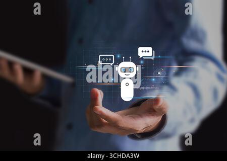 AI Assistant Concept Man Holding Holographic Chatbot Stock Photo