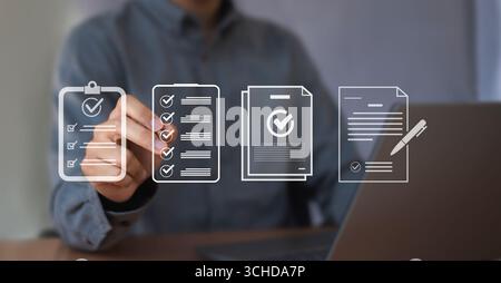 Digital Document Checklist, Business Efficiency and Technology Concepts, Document Integrity Management and Online Surveys Stock Photo