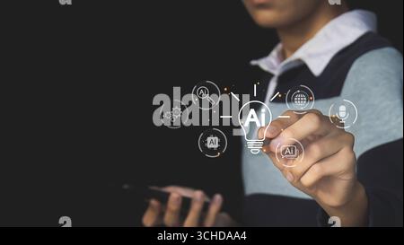 AI technology, businessman showing virtual graphics, global internet connectivity, future technology change Stock Photo