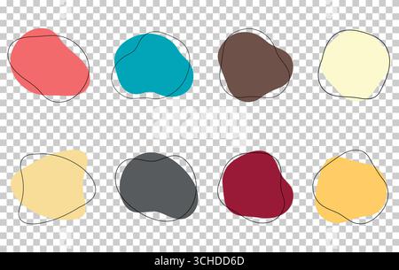 Organic amoeba blob shape abstract color with line vector illustration isolated on transparent background. Set of irregular round blot form graphic element. Doodle drops with outline circles. Stock Vector