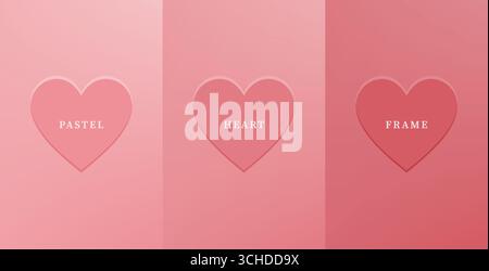 Set of abstract 3D heart, different color 3D heart shape frame design. Collection of geometric backdrop for cosmetic product display. Top view. Vector illustration. Stock Vector