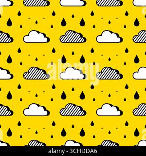 seamless pattern with clouds and rain drops on yellow background Stock Vector