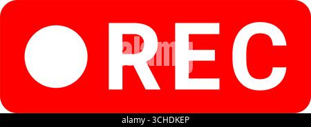 Flat vector REC label with white indicator dot on a solid red rounded rectangle for video, streaming, and camera interfaces. Stock Vector