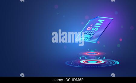 Esim icon hanging in the air 3d cyberspace. Digital virtual electronic sim card over hud digital podium. Futuristic glass mobile communication chip. e Stock Vector