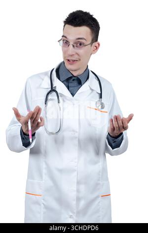 Young male doctor with glasses gesturing and looking at the camera. Isolated on white Stock Photo