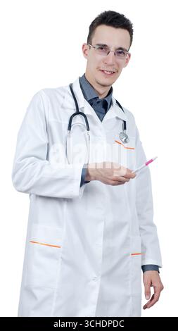Young male doctor in glasses standing with a ballpoint pen in hand and looking at the camera. Isolated on white Stock Photo