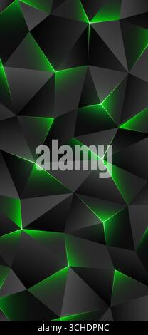 Dark low poly smartphone wallpaper. Abstract geometric background with triangles. Shining lines triangle. Green energy. Gray green background. Polygon Stock Vector