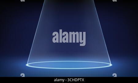 Futuristic blue empty dim stage studio. Laser spotlight illuminates circle on floor. Blue background for displaying products, advertising presentation Stock Vector