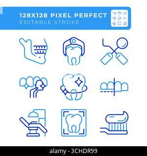 Stomatology service pixel perfect two color line icons set Stock Vector