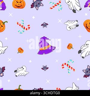 Halloween Themed Illustration with Ghosts, Bats, and Pumpkins Seamless Pattern Vector Illustration Stock Vector