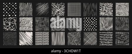 Crosshatch texture patterns set with dots and wood grain, diagonal lines and chaotic strokes, grid squares, organic swirls and geometric triangles. Black and white hand drawn design backgrounds. Stock Vector
