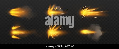Orange fire effects from gun blast with glowing sparks and smoke trails for action scenes. Muzzle flash explosions shoot sideways with bright projectile streaks. Combat visual elements for games Stock Vector