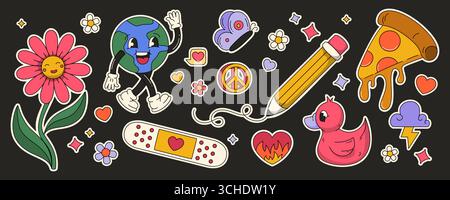 Retro groovy stickers set with daisy flower, earth character, butterfly and drawing pencil, pizza slice and duck. Peace sign and bandaid, lightning cloud and colorful hearts. Nostalgic design elements Stock Vector