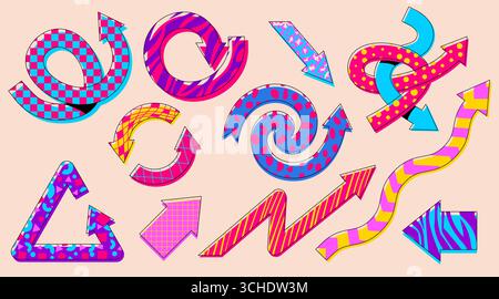 Vibrant arrow designs with retro playful patterns and colors for creative projects - curved, zigzag and spiral shapes decorated with wild animals, stripes and geometric motifs for branding graphics Stock Vector