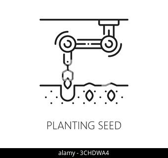 Robot smart farm icon of planting seeds technology for digital agriculture, vector line symbol. Smart farm icon of robotic seedling or seeds planting for farmer crop and agrarian farming automation Stock Vector