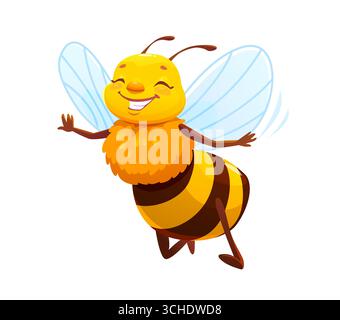 Cartoon honey bee character flying and smiling with raised arms, joyful face and transparent wings. Isolated cute vector cheerful and joyful insect with happy expression exudes spring fun in garden Stock Vector