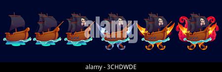 Pirate and corsair ship game rank badge, piracy award vector UI asset. Cartoon pirate black sail ships game progress rank badge with gold and silver swords, skulls, crossbones and kraken tentacles Stock Vector