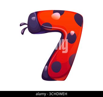 Ladybug beetle cartoon font digit 7 seven. Spring insect cartoon mathematics typeface numeral symbol, ladybird vector math typeface number. Red lady bug alphabet type digit or kids ABC font figure Stock Vector