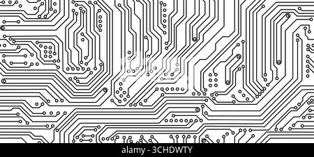 Circuit board pattern featuring black and white intricate lines and connection points, resembling electronic pathways and high tech components in a schematic layout. Vector technological background Stock Vector