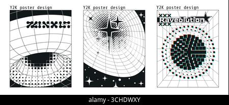 Techno poster y2k retro designs with grid patterns, star motifs and typography for millennium aesthetic. Black and white geometric art with warped perspective, halftone circle or digital glitch effect Stock Vector