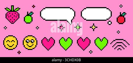 Pixel y2k speech bubbles with retro chat elements - white dialogue boxes, smiling emoticon faces and green apples. Wi-fi sign with red heart, strawberry and sparkle stars for vintage message interface Stock Vector
