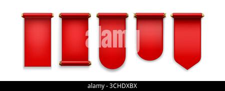 Chinese scroll paper set with red banners and decorative handles for royal announcements. Traditional blank parchments with rectangular, rounded and pointed edges. Ceremony templates for messages Stock Vector