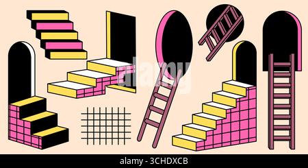 Retro ladder collection with geometric stairs, grid pattern and archway designs for vintage aesthetics. Isometric steps and climbing equipment. Memphis style architectural elements for poster design Stock Vector