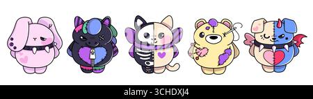 Goth teddy creatures with bunny, black horse and skeleton cat for alternative kawaii design. Stitched bear with patches, demon puppy with horns. Emo plushie characters for dark creepy cute stickers. Stock Vector