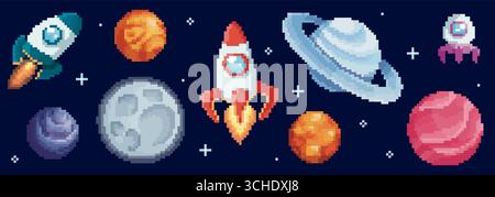 Pixel space planet set with rocket ship, moon and Saturn rings for cosmic adventure game. 8 bit UFO, Mars sphere with stars. Retro galaxy spacecraft for sci fi shooter or astronomy educational app. Stock Vector