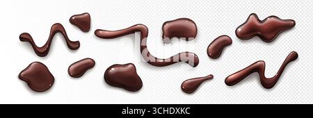 Chocolate sauce drop collection with glossy brown liquid shapes for dessert decoration and sweet food design. Melted cocoa splashes, drips and flowing patterns for packaging or menu graphics. Stock Vector