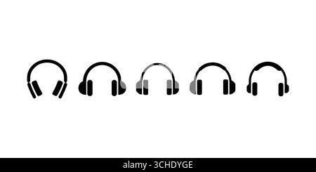 A set of headphones linear icon. Graphic web label of earphone. Sound symbol. Device for listening to music. Button or sign for online shop, sites and Stock Vector