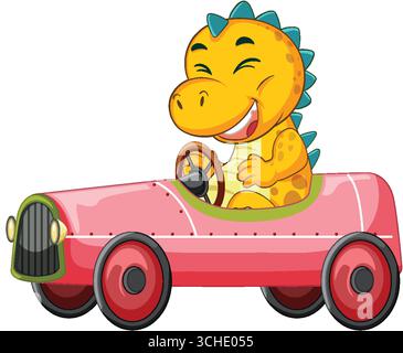 Cheerful dinosaur character drives pink toy car, cartoon vector style, bright colors, side view Stock Vector