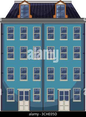 Flat vector illustration of blue Dutch townhouse, symmetrical facade, large windows, and dormer roof Stock Vector
