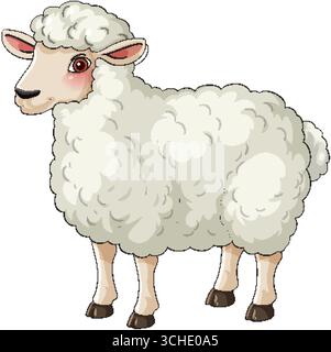 Playful cartoon vector of a fluffy white sheep with curly fleece, black outline, side view. Stock Vector
