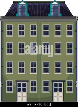 Flat vector illustration of classic Dutch apartment building, symmetrical design, muted green tones, daylight Stock Vector