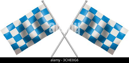 Two blue and white checkered flags crossed on silver poles, clean vector style, white background Stock Vector