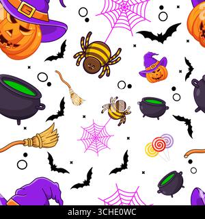 Halloween themed seamless pattern with pumpkins, spiders, and witch elements Vector Illustration Stock Vector