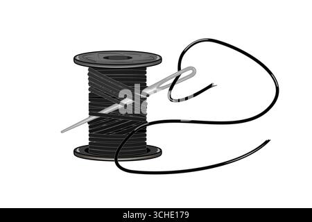 Spool of thread and sewing needle. Silhouette of reel, yarn and needle for tailor.Wooden bobbin with cotton and needle for sewing or embroidery.Vector Stock Vector
