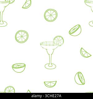 Margarita Cocktail with Lime slices Seamless pattern. Hand drawn graphic Vector illustration in Doodle style in green color. Stock Vector