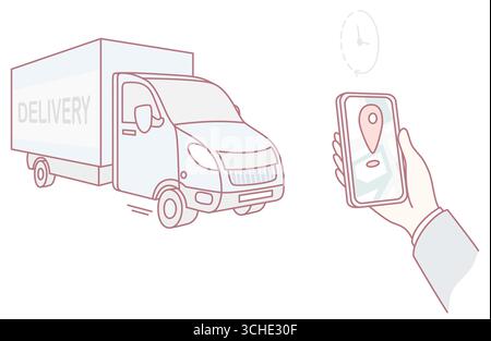 A delivery truck next to a smartphone shows the vital realtime tracking features for timely deliveries Stock Vector