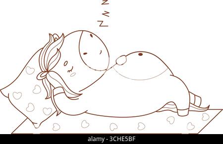 Outline Cute Sleepy Cartoon Horse on Rug and Pillow. Adorable Pony Kawaii Animal. Sweet Dream. Line drawing, coloring book. Vector illustration. Kids Stock Vector