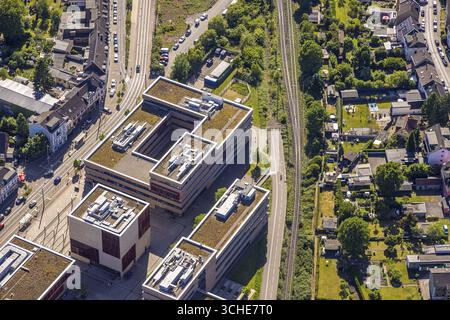 Aerial view, Hochschule Ruhr West - Campus Muelheim, dead end of the Ruhr RS1 cycle highway behind the Hochschule Ruhr-West, Broich, Muelheim an der R Stock Photo