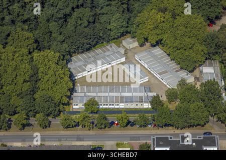 Aerial view, Central Accommodation Centre (ZUE) for refugees, Festwiese and Festplatz, Butendorf, Gladbeck, Ruhr area, North Rhine-Westphalia, Germany Stock Photo
