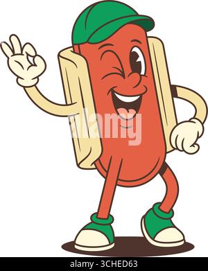 Retro hotdog mascot in a dynamic pose, winking and making an OK hand gesture with a smile and casual attitude. Perfect for street food branding, summe Stock Vector